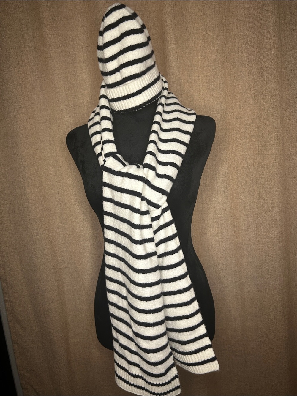 J. Crew Black and White Striped Knit Scarf and Beanie Set